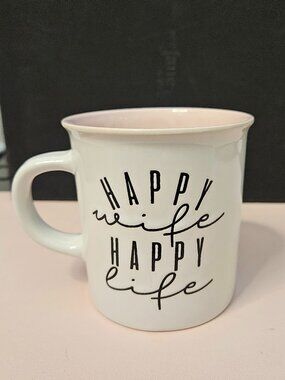 Ceramic Coffee Mug White & Pink Drinkware Happy Wife Happy Life